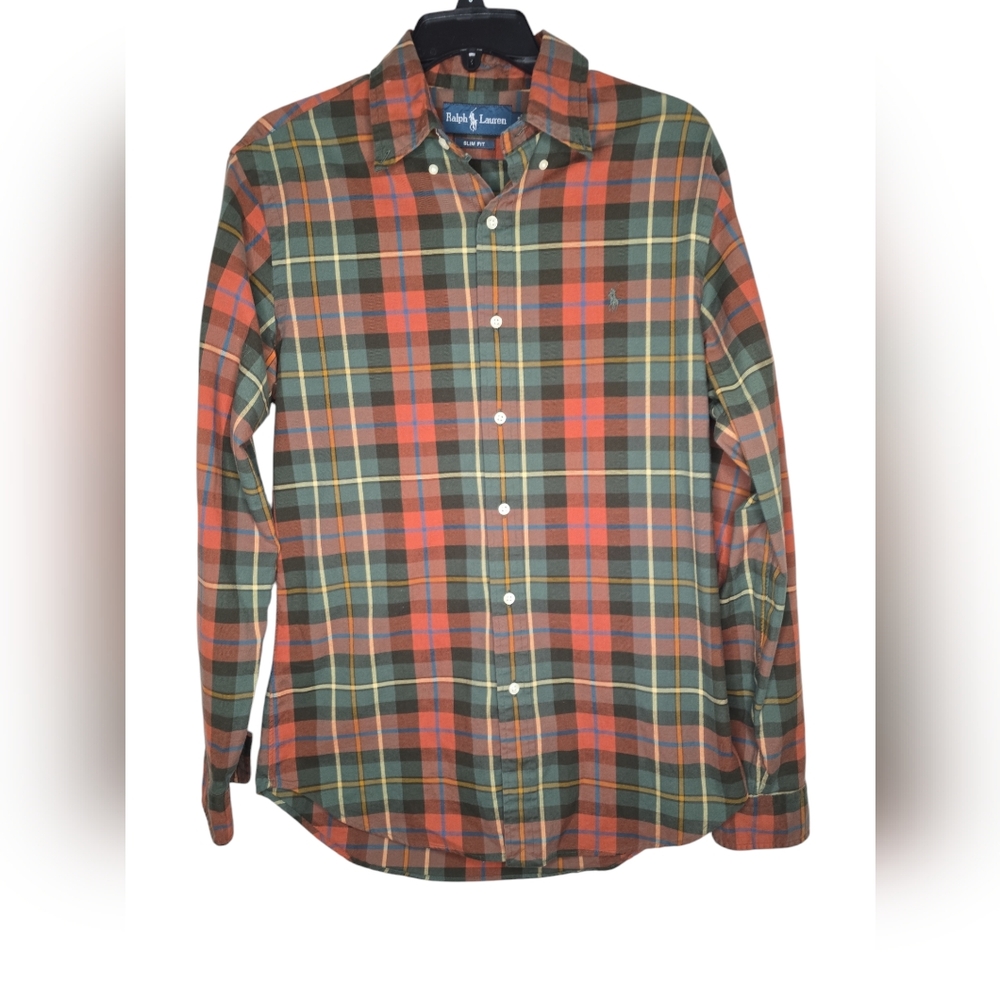 Ralph Lauren Slim Fit Red and Green Plaid Mens Button Down Shirt Size Medium